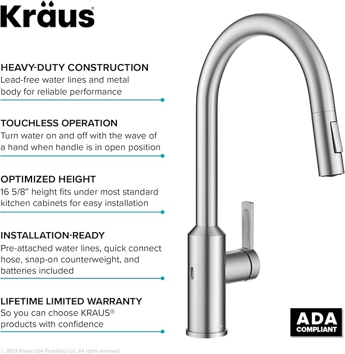 KRAUS Oletto Touchless Sensor Pull-Down Single Handle Kitchen Faucet in Spot-Free Stainless Steel, KSF-2830SFS