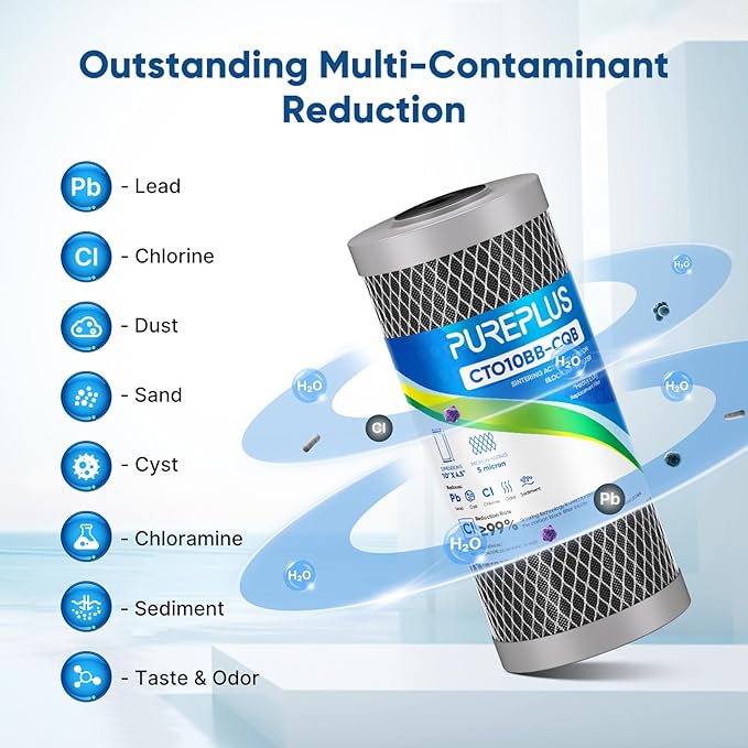 PUREPLUS 5 Micron 10" x 4.5" Whole House Activated Carbon Water Filter, Enhanced Lead Removal Carbon Replacement Cartridge, Compatible with GE GXWH40L, GXWH35F, BB10, FXHTC, FC15B, CTO10BB-CQB, 3PACK