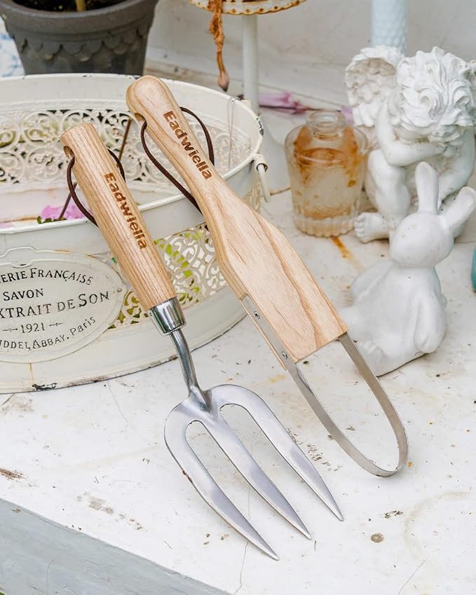 Garden Fork Hand Tool Small Weeding Fork 12 Inch with 3 Pointed Tines Wood Handle for Gardening Weeding Cultivating Digging Planting Transplanting Aerating Loosening Hard Soil Mixing Additives