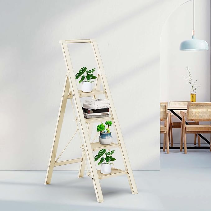 GameGem 4 Step Ladder Folding Step Stool Stepladders with Anti-Slip and Wide Pedal for Home and Kitchen Use Space Saving (White)