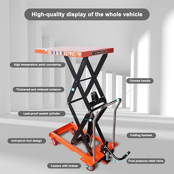 ONEN Hydraulic Scissor X-Frame Lift 1102 LBS Lifting Capacity, 59 in Lifting Height, Manual Scissor Lift Table with 4 Lockable Wheels & Foot Pump, Elevating Hydraulic Cart for Material Handling