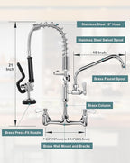 21" Height Commercial Faucet Wall Mount with Sprayer 8" Adjustable Center 9.6" Swing Spout, Kitchen Sink Faucets with Pull Down Pre-Rinse Sprayer for Restaurant Industrial Kitchen, Chrome