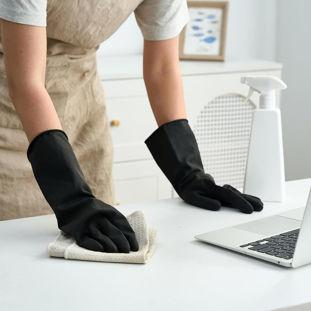 Bamllum 4 Pairs Black Rubber Dishwashing Gloves - Reusable Cleaning Gloves for Kitchen, Household, Anti-Slip, Flexible & Long-Lasting (Medium)