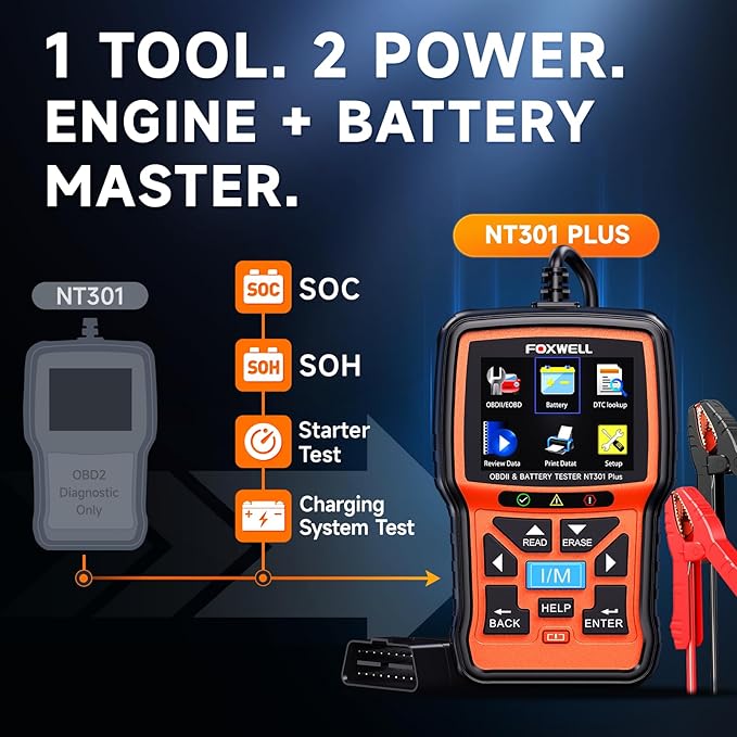 (Upgraded of NT301)FOXWELL NT301 Plus 2-in-1 OBD2 Scanner Battery Tester, Professional Check Engine Code Reader Car Diagnostic Tool, 12V 100-1100CCA Cranking Charging Analyzer for 1996+ Newer Vehicle