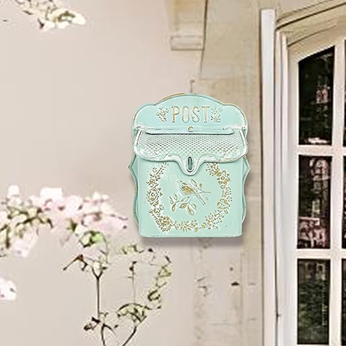 Mailbox Wall Mount Mailboxes for Outside Vintage Mail Boxes for House Outside Metal Drop Box Antique Style Nostalgic Charm Home Decorative, Bird Pattern, Green