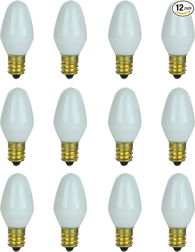 Sunlite 01059 7C7 Incandescent Bulb, 7 Watt, Candelabra E12 Base, C7 Small Night Light, Colored Bulb, White, 12 Count
