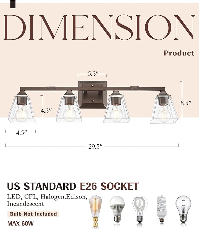 Bronze Bathroom Light Fixtures, HWH 4-Light Farmhouse Vanity Wall Sconce Bathroom Sconce Over Mirror, Oil-Rubbed Bronze Finish with Square Glass Shade, 5HY68B-4W ORB