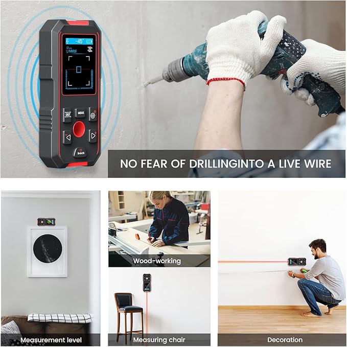Stud Finder with 196ft Laser Measure, 3 in 1 Electric Wall Scanner Sensor with ±0.1° Digital Level Lithium Battery, LCD Studs Detector Audio Broadcast for Wood Magnetic Metal AC Wire Finding