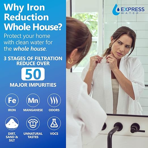 Express Water Whole House Water Filter System | IRON & MANGANESE | 3 Stage Full Home Filtration, Top-Tier Filters Removes Stains/Color on Glass-Ware, Fixtures, Laundry, Signf. Reduces Lead & Arsenic