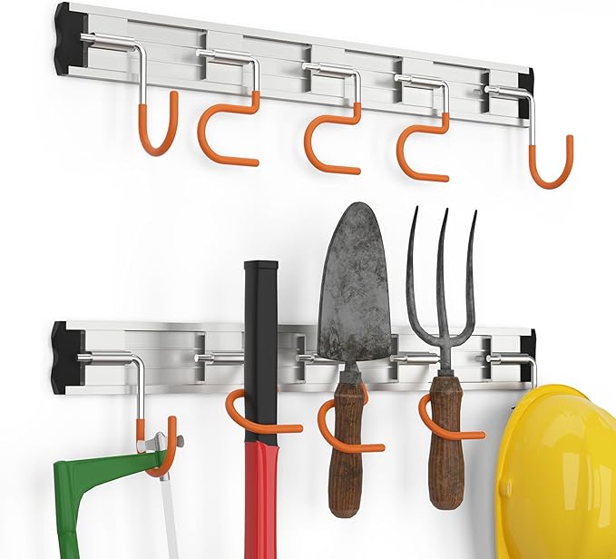 34.5'' Aluminum Alloy Garden Tool Organizer Wall Mount Garage Organizers and Storage with Hooks Tool Hangers for Shed Hooks for Shovel, Rake, Broom & More