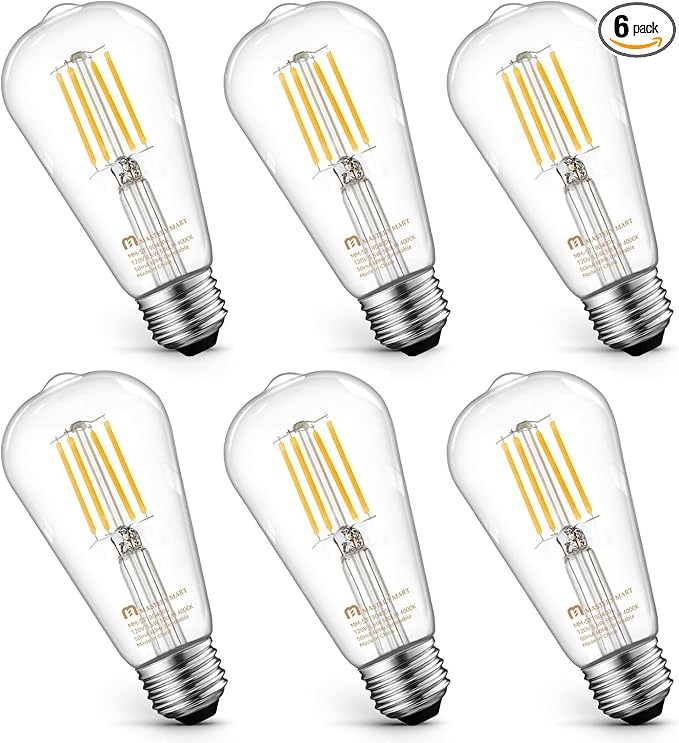 MASTERY MART 6 Pack Vintage Edison Bulbs, E26 Led Bulb 5.5W Equivalent to 60W, Dimmable, 4000K Cool White, High Brightness Antique ST19, Clear Glass
