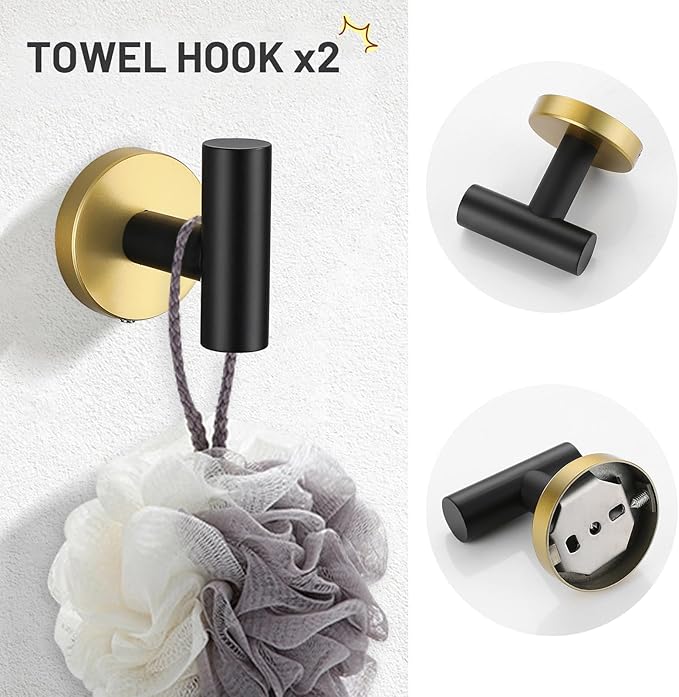 TURS Black and Gold 5 Piece Bathroom Hardware Set, SUS304 Stainless Steel Gold Black Towel Bar Set, 24 Inch Rould Bathroom Accessories Kit Wall Mounted