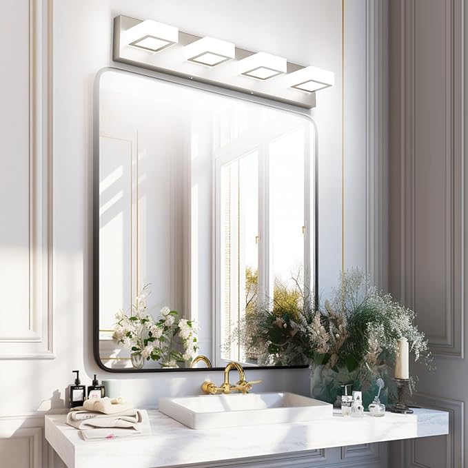 Ralbay 4-Light Brushed Nickel Vanity Light for Bathroom Metal Acrylic Modern LED Bathroom Light Fixtures