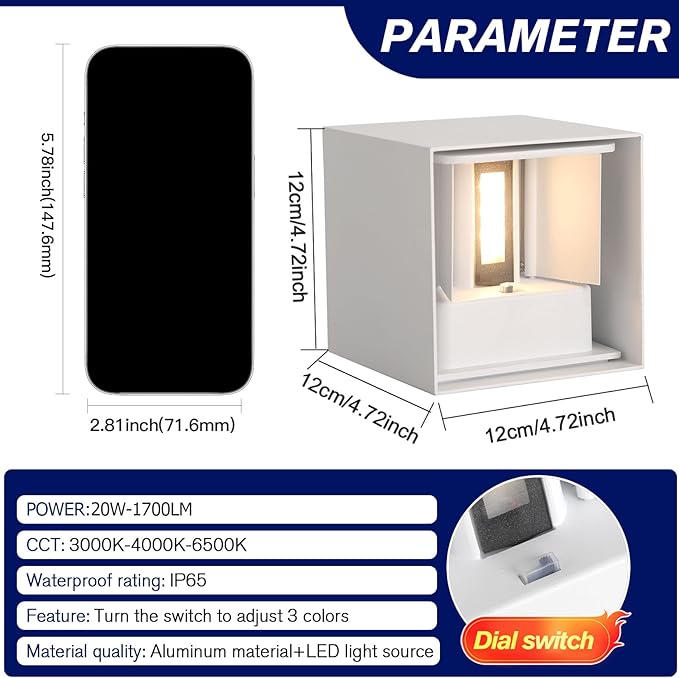 2 Pack LED 20W Outdoor Wall Lights Exterior/Interior 3 Colors Adjustable Wall Sconce Up and Down Light Porch Lights IP65 Waterproof Exterior Wall Sconce Modern Outdoor Lighting Square Aluminum White