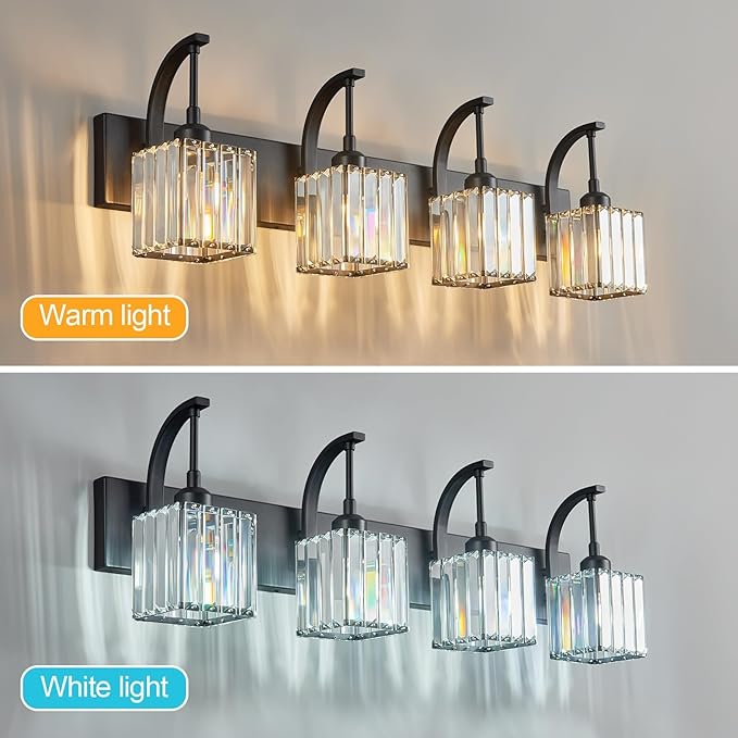 Crystal Vanity Lights 4-Light Black Bathroom Vanity Lights Modern Crystal Bathroom Light Fixtures Over Mirror 32.67" Long Vanity Light for Bathroom