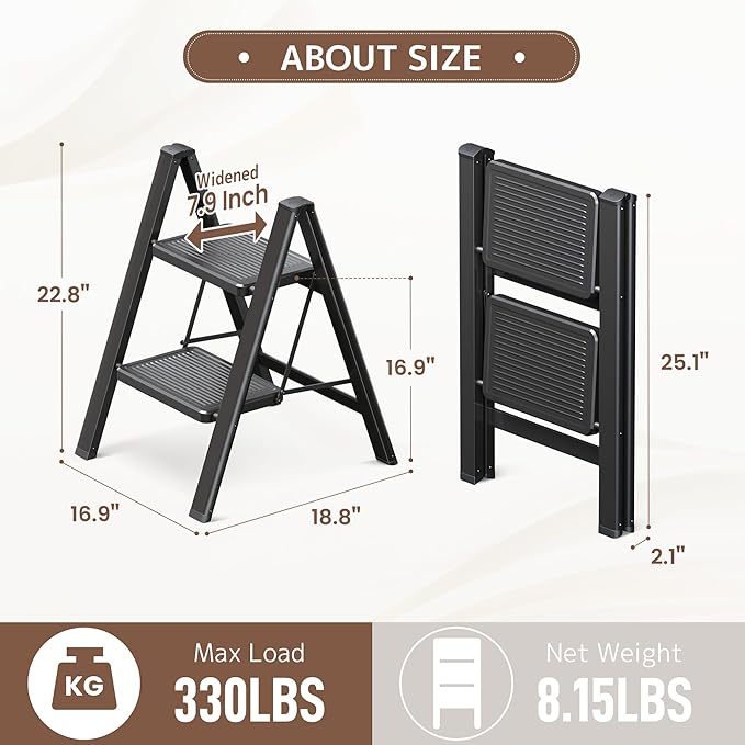GameGem 2 Step Ladder Folding Step Stool with Wide Anti-Slip Pedal, 330LBS Capacity, Lightweight Portable Stepladder for Home and Kitchen Use, Black