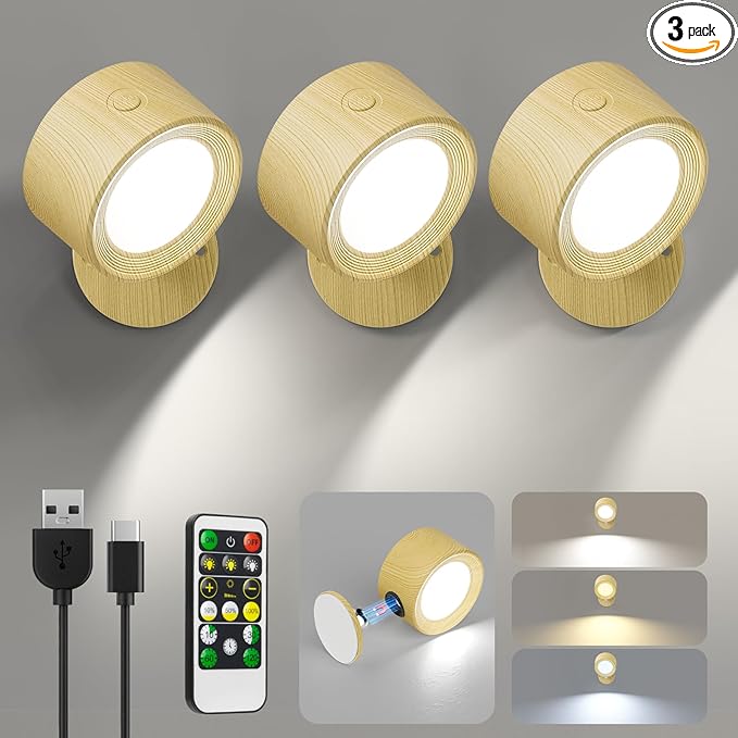 Lightbiz LED Wall Sconces, Wall Mounted Lamp 3 Pcs with Remote Rechargeable Battery Operated, 3 Color Temperatures & Dimmable Wall Lights Magnetic 360° Rotation Light
