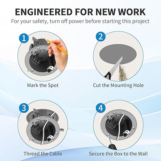 50 PK Round Old Work Electrical Box, 18 Cubic Inch Round Ceiling Electrical Box for Old Work, PVC, ETL Listed to UL514C and UL263, Fire Rated for Two Hours