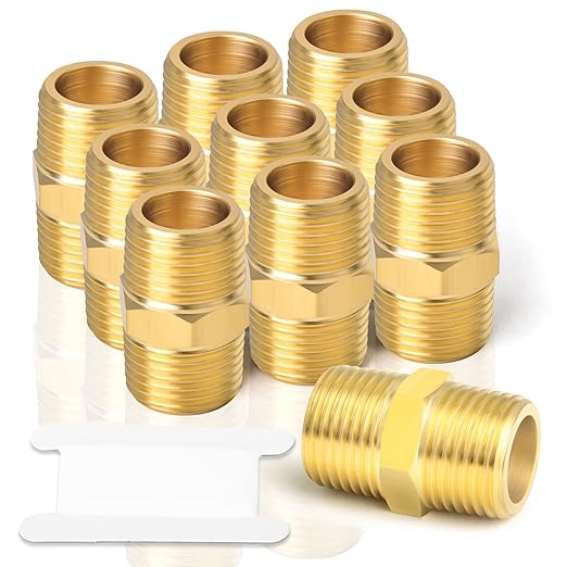 TAISHER 10PCS Brass Pipe Fitting Adapter, Hex Nipple,3/8-Inch Male Pipe x 3/8-Inch Male Pipe