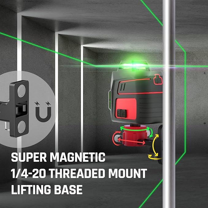 Self Leveling Laser Level 3x360° 3D Cross Line Rotary Lasers Green Beam, Pulse Mode Battery Indicator, USB Type-C Charging, 360° Adjustable Liftable Magnetic Base, Li-ion Battery