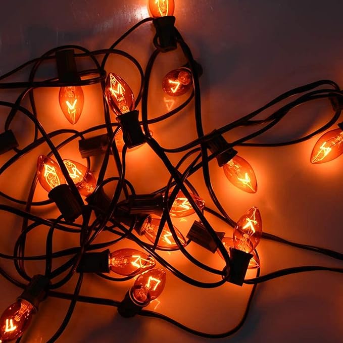 SUNSGNE 25 Pack C7 Orange Light Bulbs Halloween Christmas Replacement Bulbs, C7 Clear Orange Incandescent Light Bulbs for Outdoor Patio Xmas String Lights, E12/C7 Candelabra Base, 5 Watts