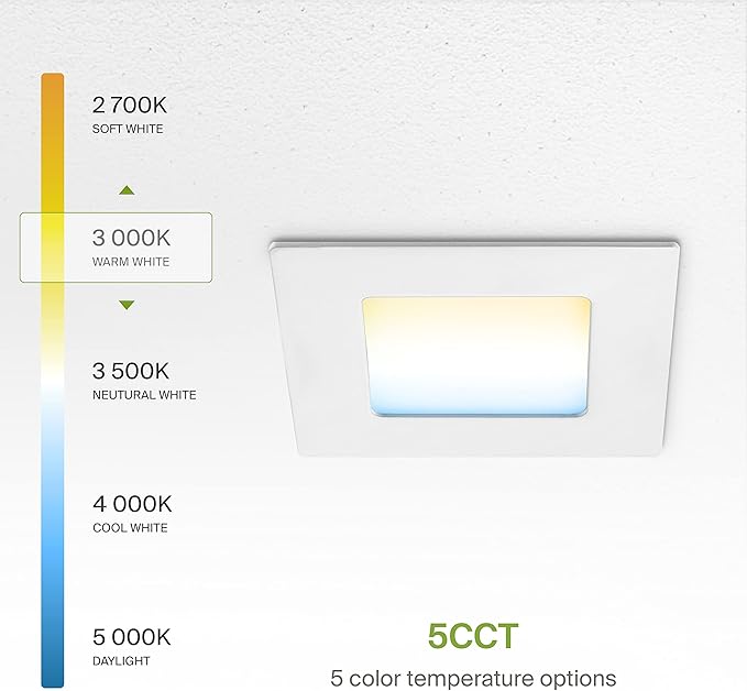 ASD 6 Pack LED Square Recessed Lighting 3 Inch, 5 CCT 2700K-5000K CRI90+, 6W 30W Eqv, Ultra Thin Dimmable Ceiling Lights with J Box, Canless Wafer Downlight, Slim Panel Light, UL Energy Star, White