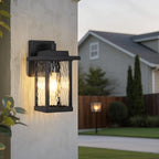 Outdoor Wall Sconce, Outside Porch Light Fixtures, Wall Mount Anti-Rust Exterior Wall Lights in Wood Grain Finish & Black Finish with Water Ripple Glass for Garage Doorway Entryway