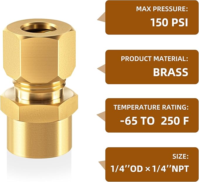 Brass compression tube pipe fitting connector Straight Coupling Adapter 3/8" Tube OD x 1/4" NPT Female Connector 6pcs(3/8od to 1/4npt)