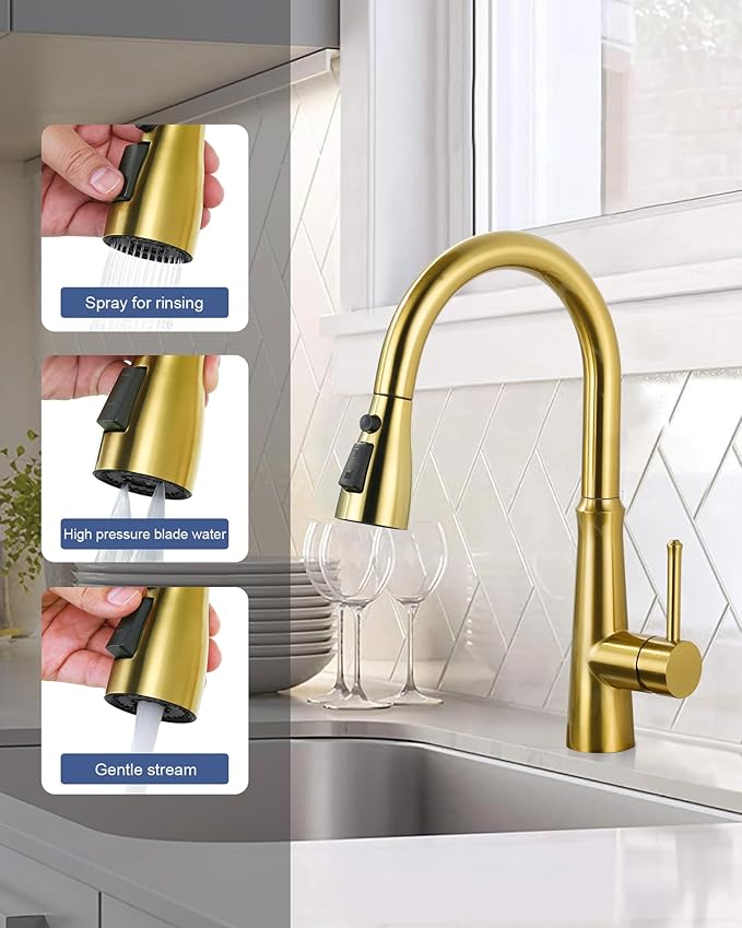 Metal Kitchen Faucet Head Replacement: 3-Function Pull Down Spray Nozzle with 9 Adapters, Sink Sprayer Replacement Compatible with Moen, Delta, Kohler, American Standard Faucets, Brushed Gold