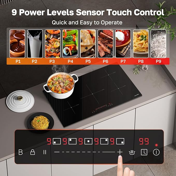 ThermoMate 36 Inch Induction Hob Electric Cooktop, 9800W Built in Induction Stove Top with 5 Boost Burners, 9 Heating Levels, Timer & Child Safety Lock, Sensor Touch Control, 240V