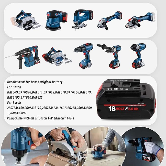 BAT609 Battery, 18V 5.0Ah Li-ion Battery Replace for Bosch 18V Cordless Power Tools Extended Batteries