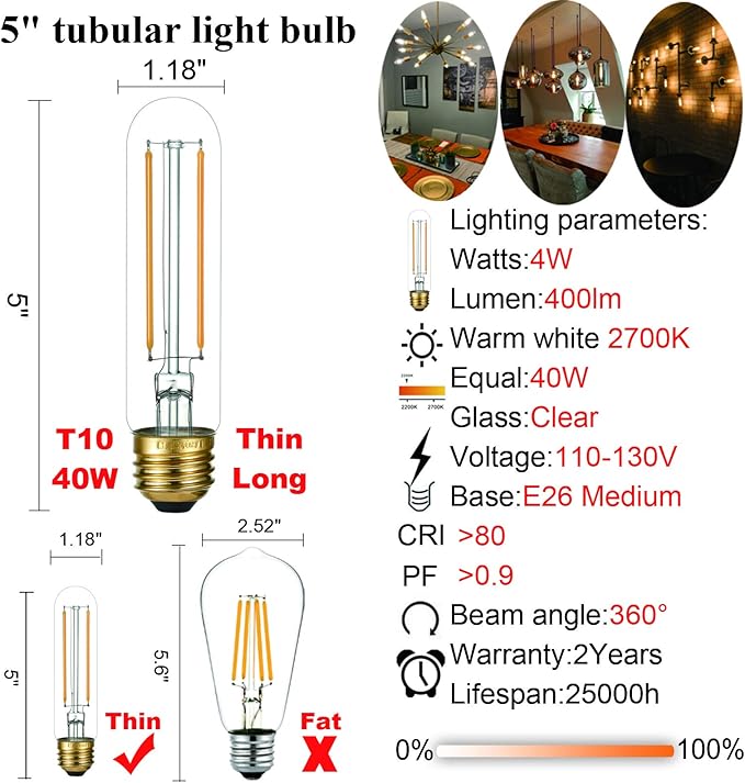 LiteHistory Dimmable E26 LED Bulb 4W Equal 40 Watt Warm White 2700K E26 Edison AC120V 400lm Tubular T9 T10 LED Light Bulb for Rustic Pendant,Chandeliers,Wall sconces 6Pack