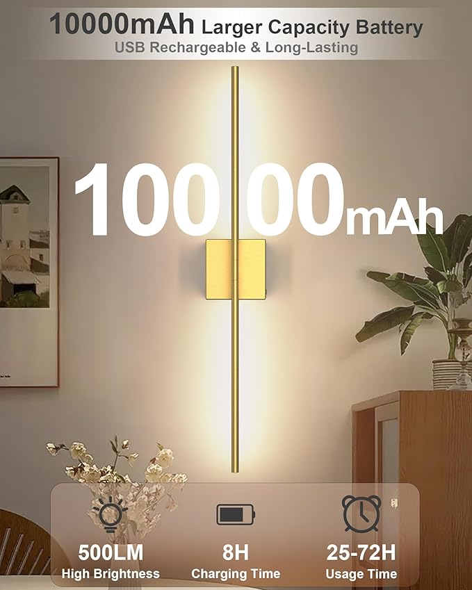 Battery Operated Wall Sconce Set of Two: Wireless Rechargeable Wall Lights with Touch and Remote Control, 360°Rotatable 4CCT Dimmable Cordless Sconces Decor Gold Scone for TV Wall Bedroom Hallway