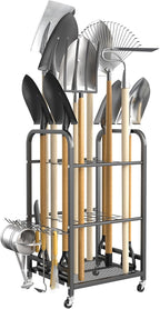 TORACK Garden Tool Organizer Stand with Wheels, Rakes Shovels Yard Tools Stand for Garage, Shed, Garden, Indoor/Outdoor Long-Handled Tools Cart
