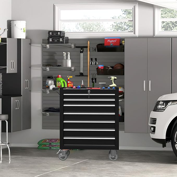 7-Drawer Rolling Tool Chest with Wheels, Tool Box with Locking System and Sliding Drawers, Heavy Duty Tool Box Organizer for Garage, Warehouse, Workshop (Black)