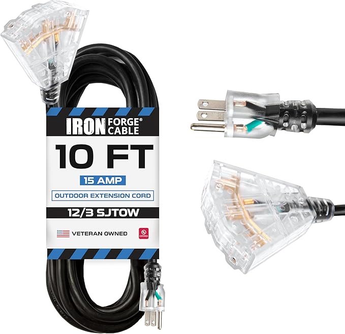 Iron Forge Cable 12 Gauge Extension Cord with Multiple Outlets - Black Heavy Duty Extension Cord 10 ft - 12/3 SJTOW, 3 Prong Lighted Outlet Cords