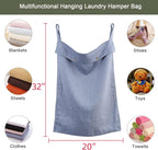 Linen Hanging Laundry Bag, 100% Linen Over The Door Laundry Hamper with Buttons and Zipper, Space Saving Door Hampers for Laundry Dirty Clothes Home Travel, Blue