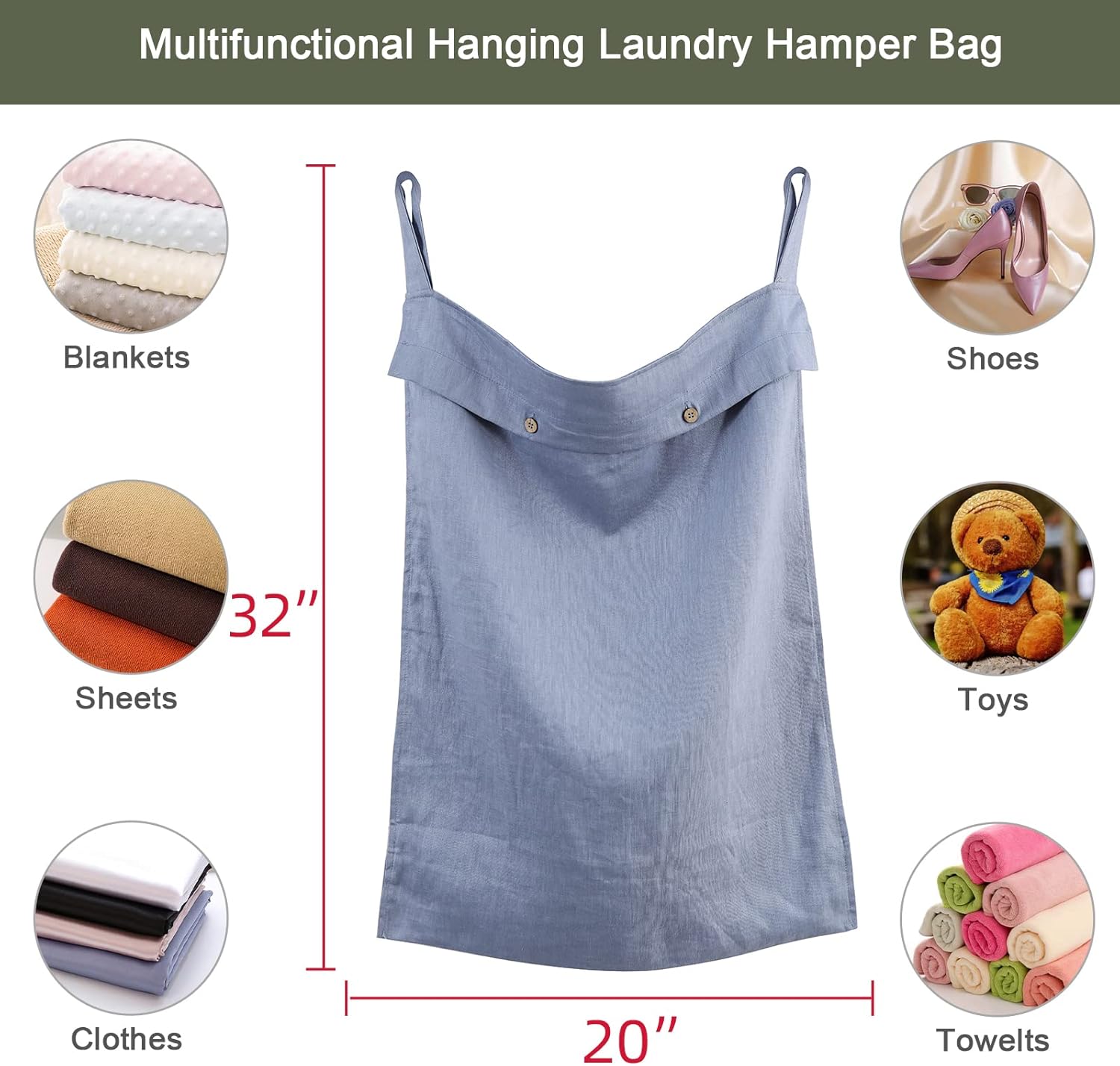 Linen Hanging Laundry Bag, 100% Linen Over The Door Laundry Hamper with Buttons and Zipper, Space Saving Door Hampers for Laundry Dirty Clothes Home Travel, Blue