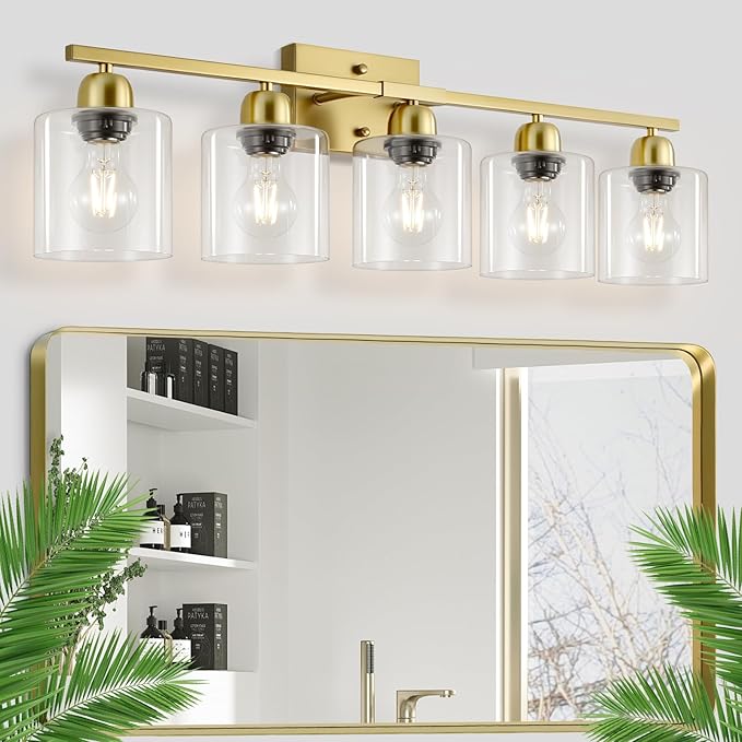 Modern Brushed Gold 5 Light Bathroom Vanity Light,31 inch Vanity Lights for Bathroom with Clear Glass for Mirror Kitchen Living Room Hallway Cabinet Porch