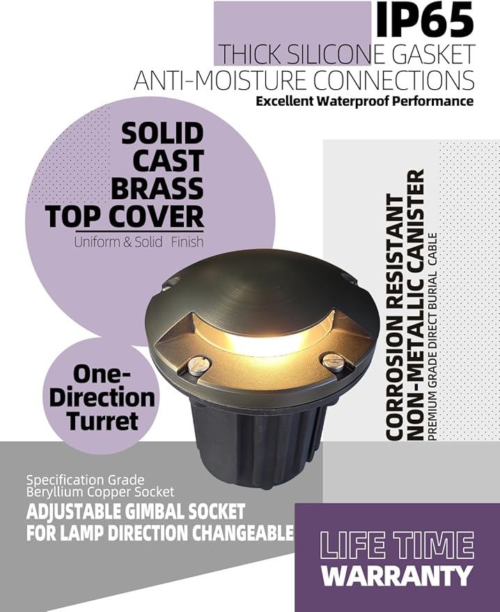 MALORY Brass Top Cover Landscape Well Lights,(5‘’H) 12V Low Voltage Outdoor In Ground Lights,5W Landscape Lighting for Pathway, Driveway and Garden (One-Direction Turret, 10-Pack with Bulb)