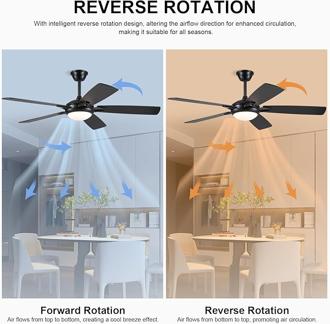 52 Inch Ceiling Fans with Lights and Remote, Modern Indoor Outdoor Ceiling Fan for Bedroom Living Room Patio Porch, 6 Speeds, Reversible Quiet Motor, Dual Finish Wooden Blades, Black