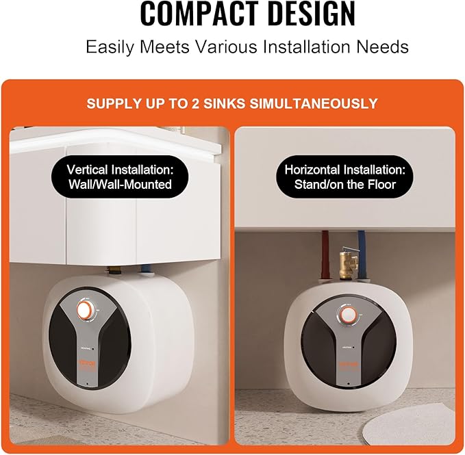 VEVOR Electric Mini-Tank Water Heater 2.5-Gallon Tank, 1440W Hot Water Boiler Storage, Safety Temperature Pressure Valve Easy Install, for Kichen Bathroom Restaurant, Shelf Wall Floor Mounted