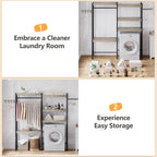 CABIHOME 5-Tier Over-The-Washer Shelf - Adjustable Height Laundry Organizer Space Saver, Double-Layer 100lb Shelves, 2 Hooks for Bathroom/Balcony (Grey & Black)