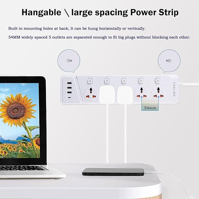 Universal Power Strip with USB C, 5 Outlets 3 USB and 1 USB C Ports, 6.5ft Power Cord Circuit Breaker