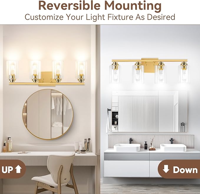 4-Light Bathroom Light Fixtures, 27" Modern Vanity Lights Over Mirror with Clear Glass Shades, Gold Wall Sconce, Classic Wall Light Fixture for Mirror Living Room Cabinet Bedroom Porch Kitchen
