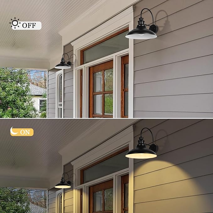 Outdoor Barn Light Fixture, 12.3 Inch Large Dome Farmhouse Exterior Wall Mount Light, Gooseneck Wall Sconce Indoor Wall Lighting Fixture, Industrial Black White Finish Lantern for Porch, RZ004 BK+WH