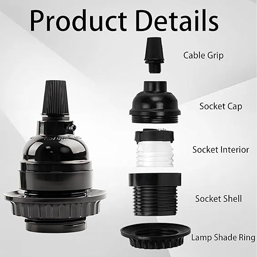 4Pcs E26 E27 Bakelite Black Medium Base Light Socket, Keyless DIY Vintage Style Edison Lamp Holder, Retro Replacement Cover Pendant Lamp Holder for Bulbs and Lampshades