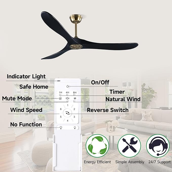 60" Gold and Black Ceiling Fan with Remote Control, Rustic Ceiling Fan without Lights for Indoor/Outdoor - Modern Design, Powerful Airflow, Silent Operation