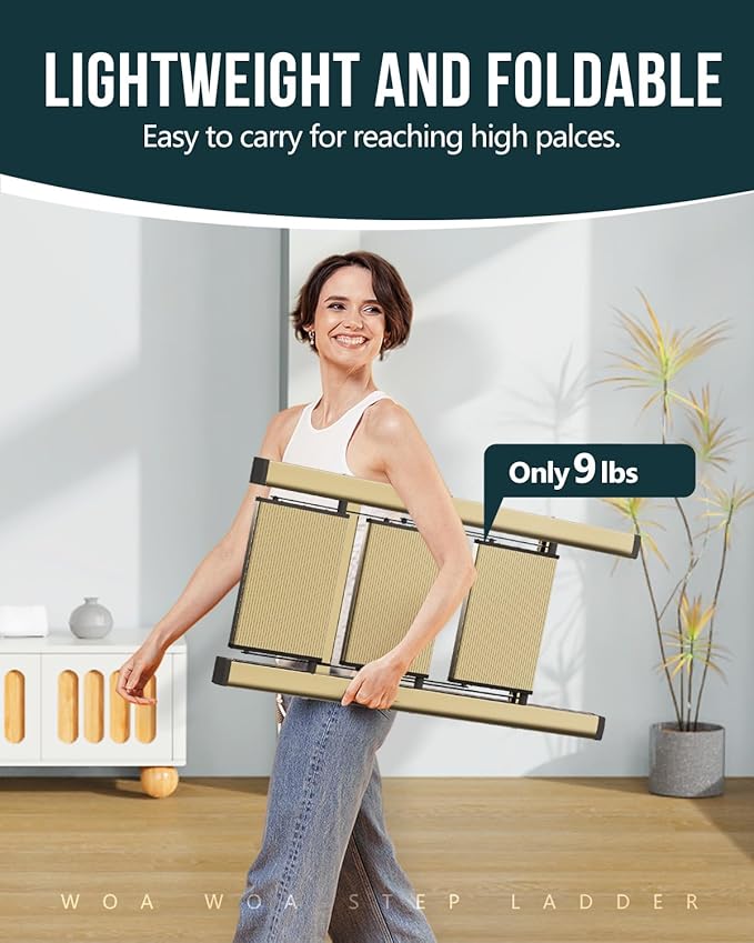 WOA WOA Step Ladder, 3 Step Foldable Step Stool with Widen Pedals, Portable Home Ladders for Kitchen, Lightweight Aluminum Stepladder, Compact Ladder for Space Saving (300lbs, Gold)