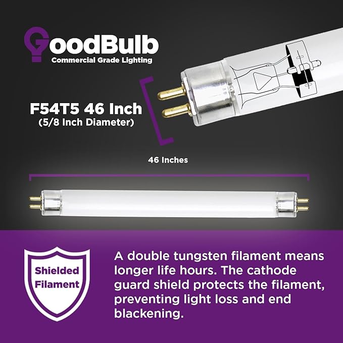 GoodBulb F54T5/865/ECO 54W 46 Inch T5 Fluorescent Light Bulb 6500K Daylight White Color, Medium Bi-Pin Base 4950 Lumens 85 CRI 36000 Life Hours Instant/Programmed Start 40 Bulbs Pack